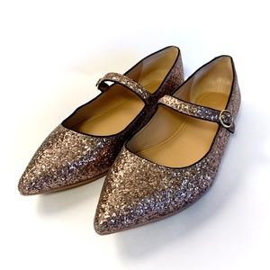 J. Crew Womens Size 9 Bronze/Rose Gold Glitter Mary Jane Pointed Toe Flats